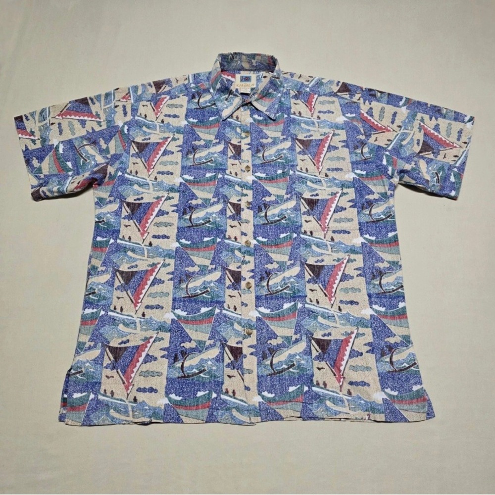Kahala Avi Collection Hawaiian Shirt Men Medium Blue Sailboat Print Reg Fit